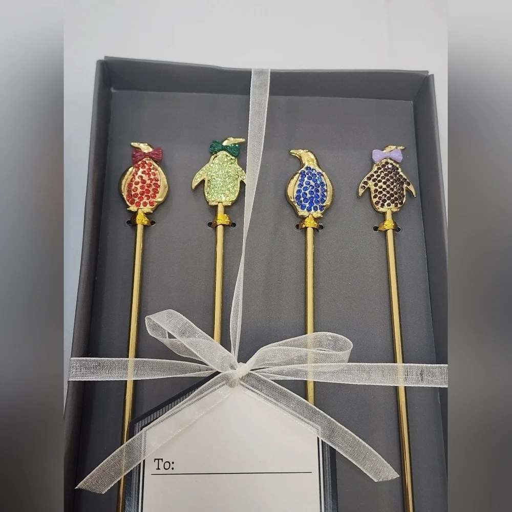 Thirstystone Colorful Penguins Gold Plated  Metal Stir Sticks (price per set)